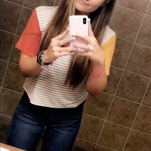 Wild Fable crop top, size M, gray stripes with orange and yellow sleeves